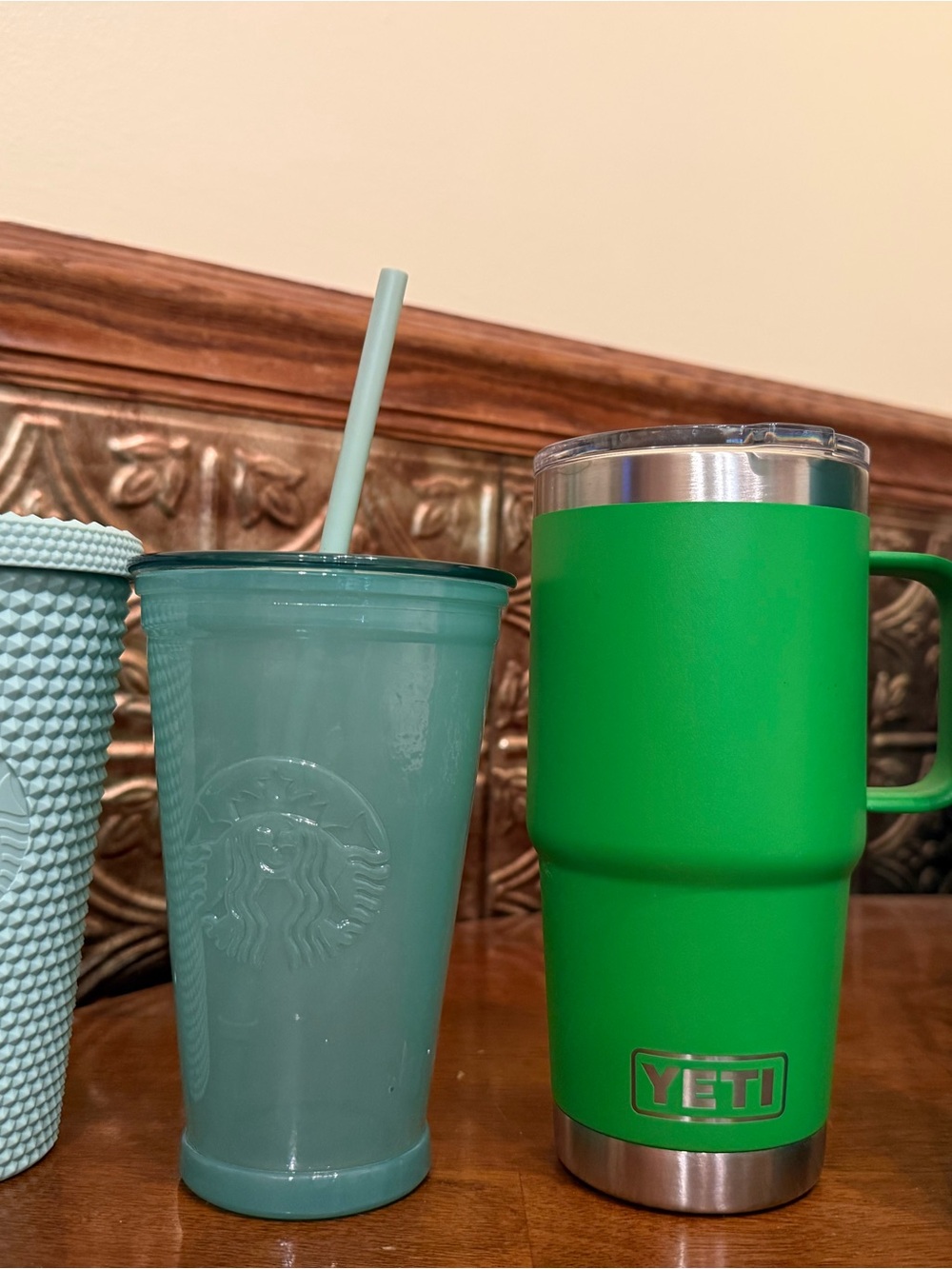 Set of four tumblers -Bright Green Travel Mug with Aqua Reusable Straw Cup